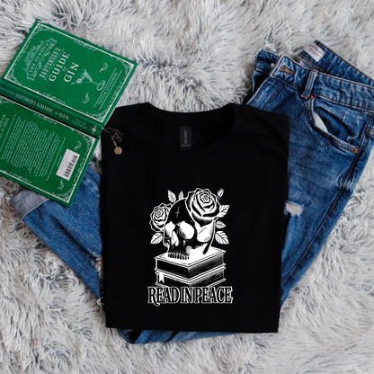 Read in peace books skull rose