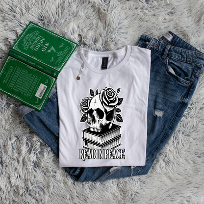 Read in peace books skull rose