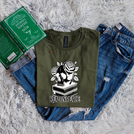 Read in peace books skull rose
