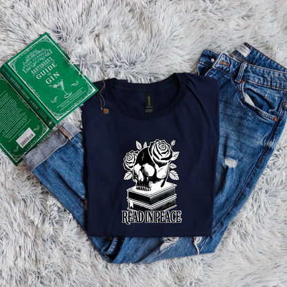 Read in peace books skull rose