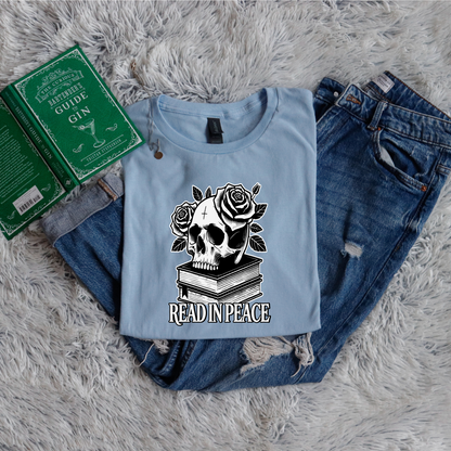 Read in peace books skull rose