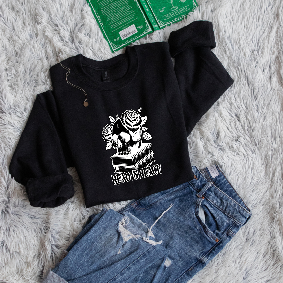Read in peace books skull rose