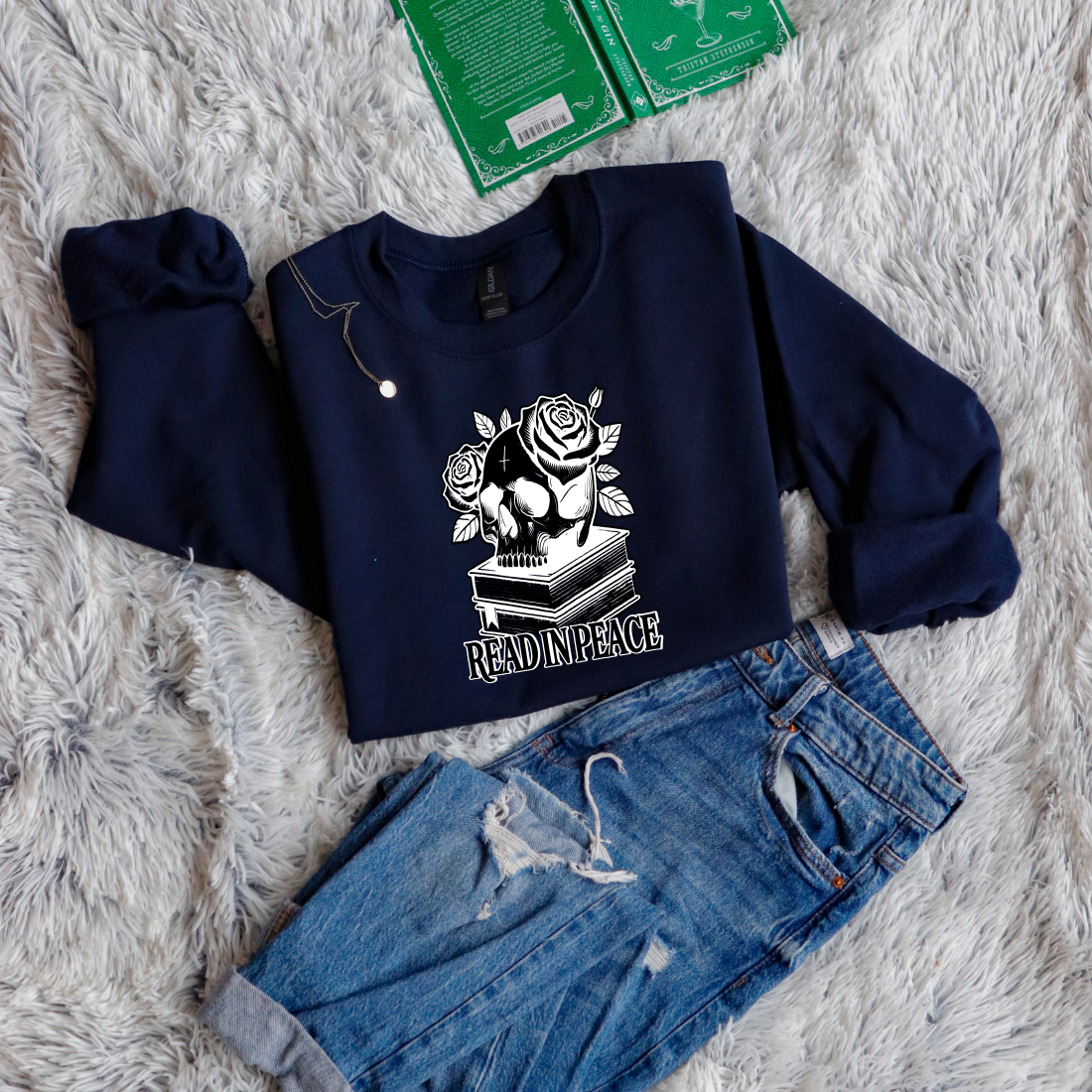 Read in peace books skull rose