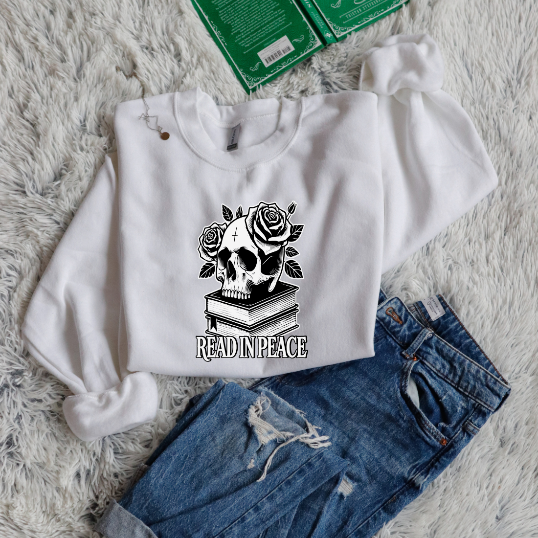 Read in peace books skull rose